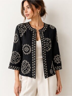 Black Embroidered Silk Linen Jacket Boho Luxe Open Blazer